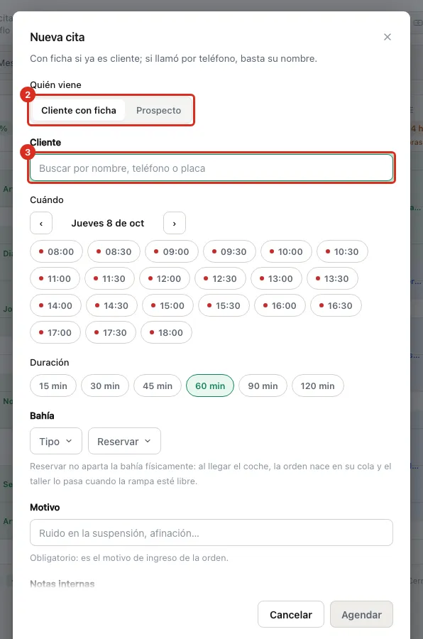 Diálogo Nueva cita con Quién viene y el buscador de cliente