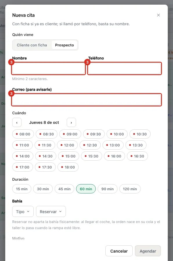 Campos del prospecto: Nombre, Teléfono y Correo