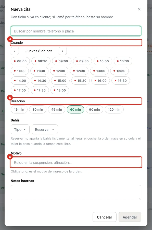 Día, horas con su punto de color, Duración y Motivo