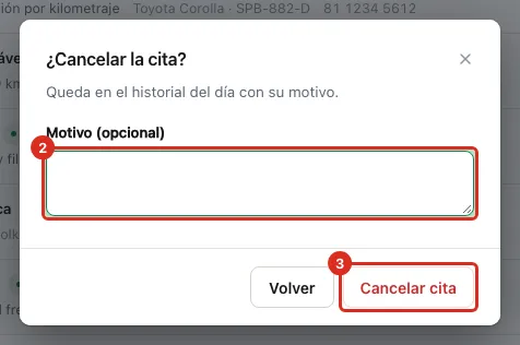 Diálogo ¿Cancelar la cita? con el motivo y el botón Cancelar cita