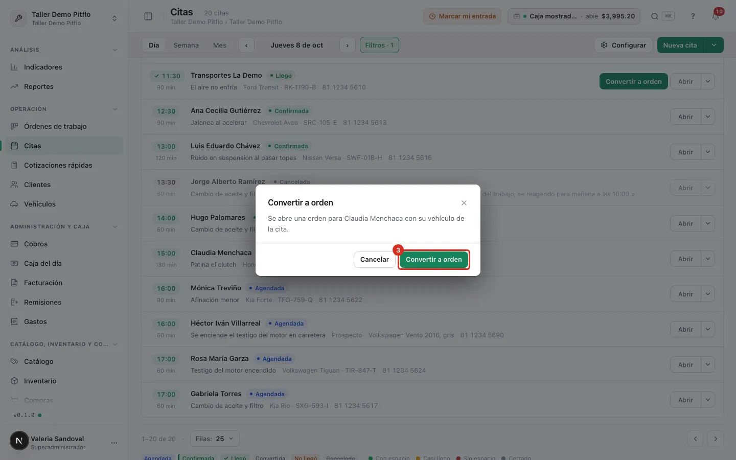 Confirmación para convertir la cita de un cliente con ficha
