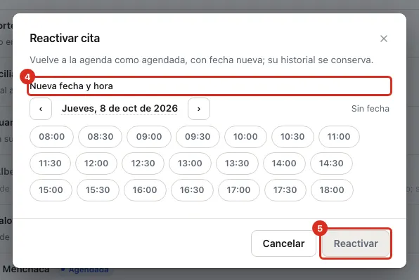 Diálogo Reactivar cita con la nueva fecha y hora