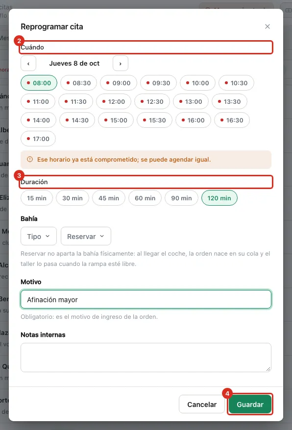 Diálogo Reprogramar cita con el día, las horas y la duración