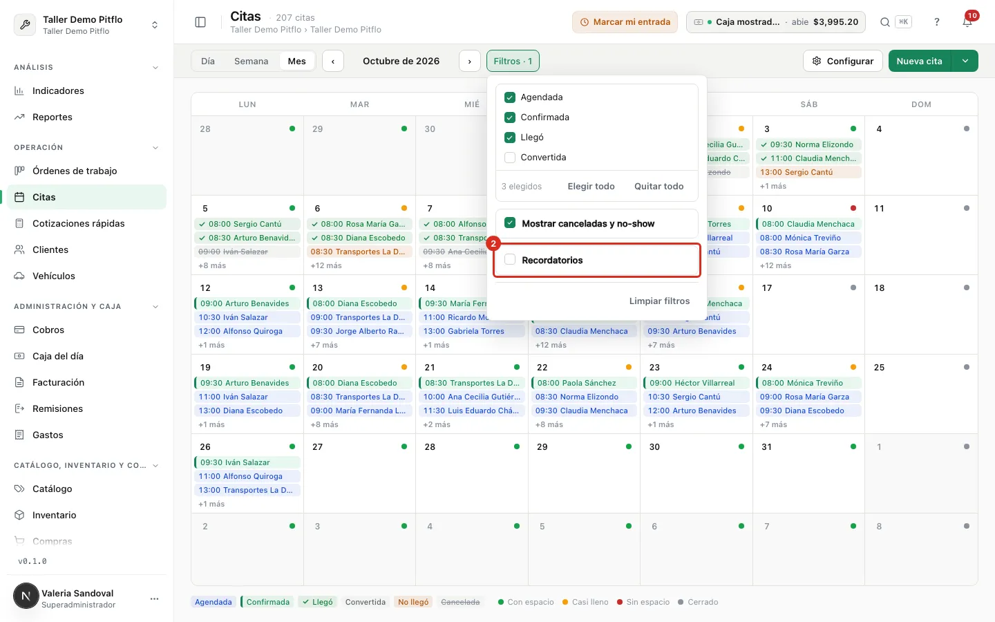 Panel de filtros con la casilla Recordatorios