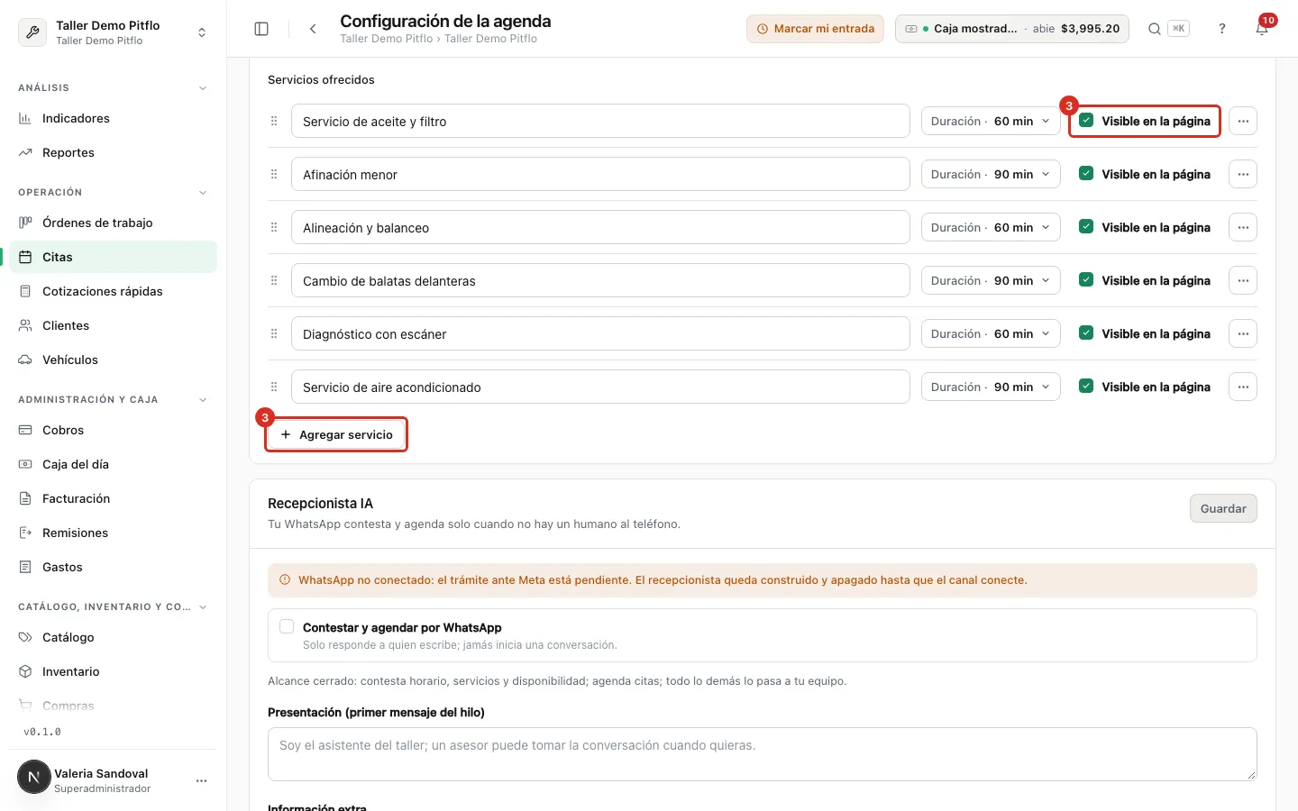 Servicios ofrecidos con su duración y Agregar servicio