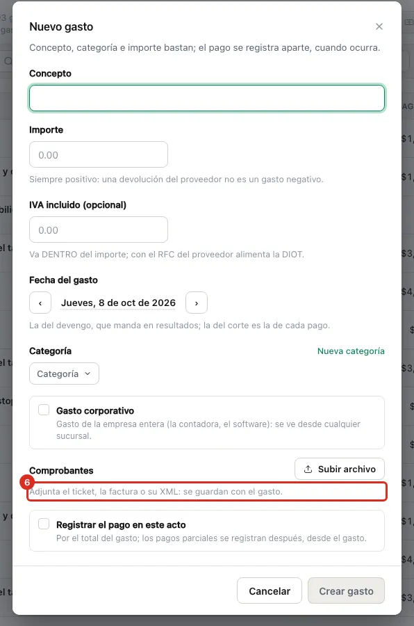 El bloque Comprobantes dentro del alta del gasto