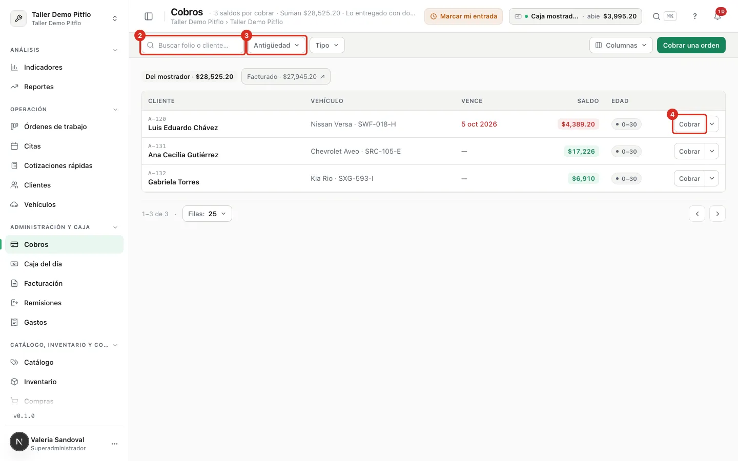 Lista de Cobros con buscador, filtros y botón Cobrar