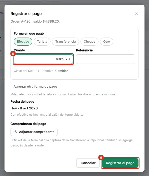 Diálogo Registrar el pago abierto desde la fila