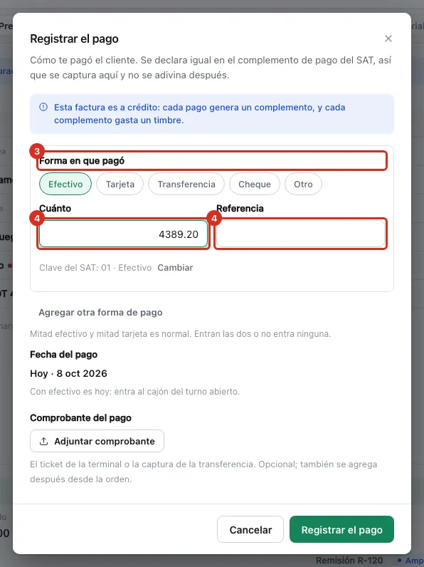 Diálogo Registrar el pago