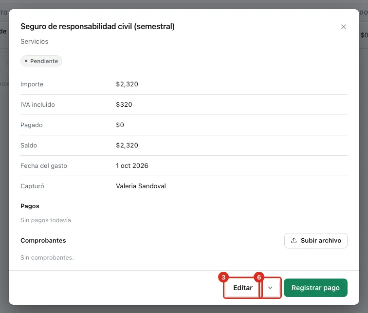 La ficha del gasto con Editar y su flecha