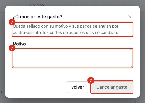 Diálogo ¿Cancelar este gasto? con el motivo