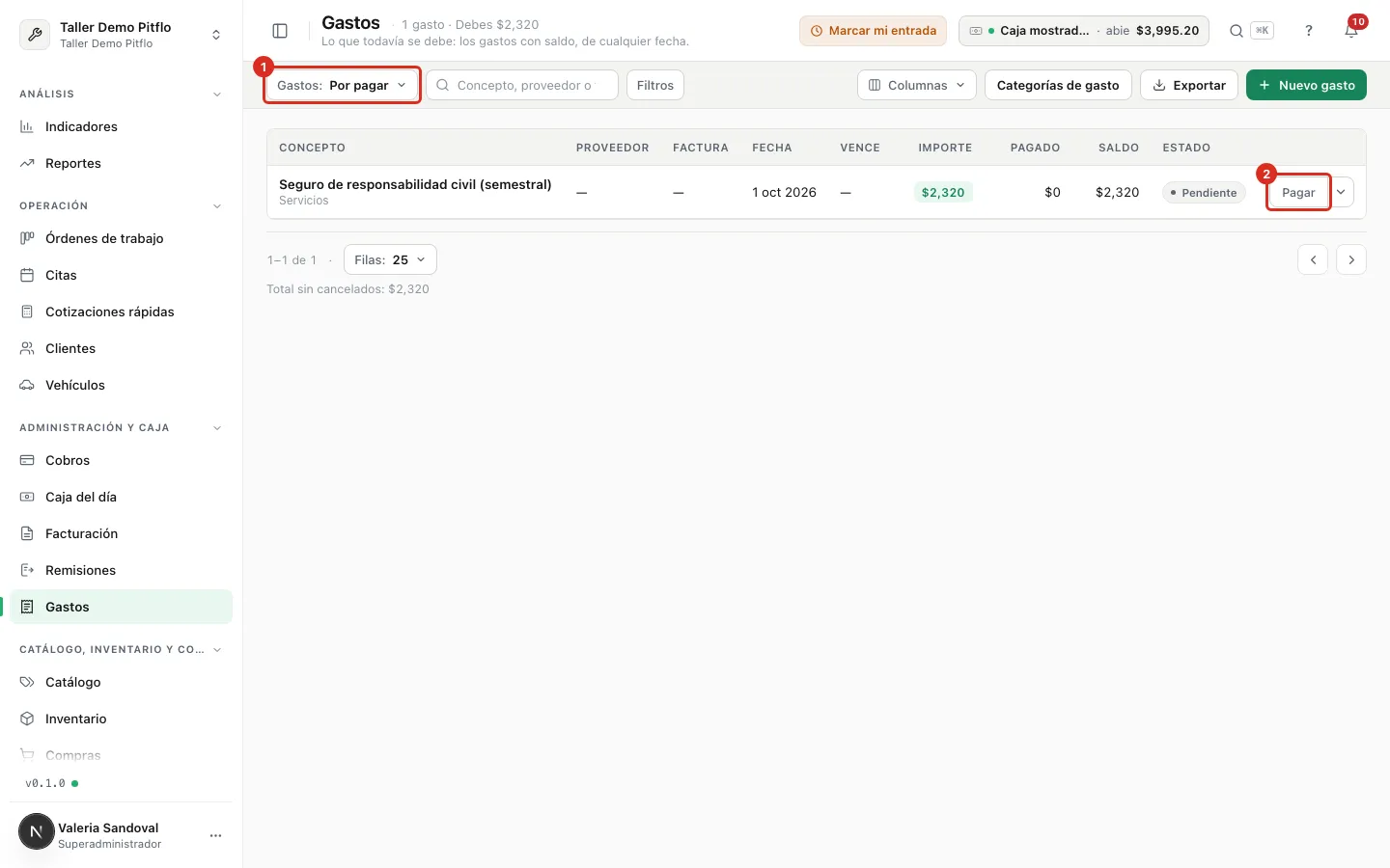 La vista Por pagar con el botón Pagar en el renglón