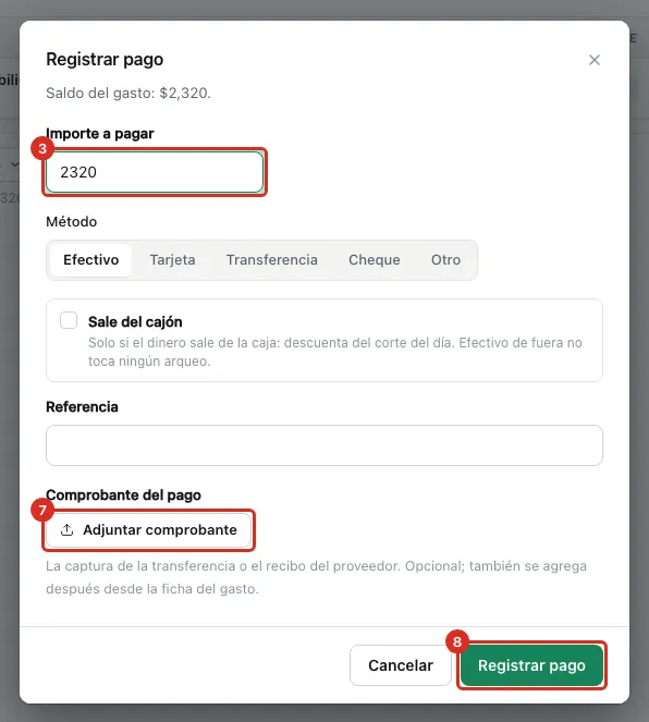 El formulario Registrar pago