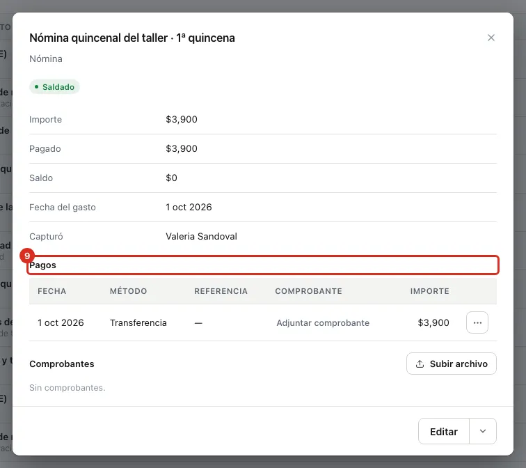 La ficha del gasto con su lista de pagos