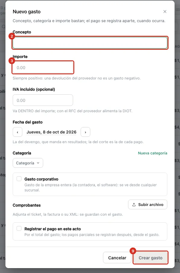 Diálogo Nuevo gasto