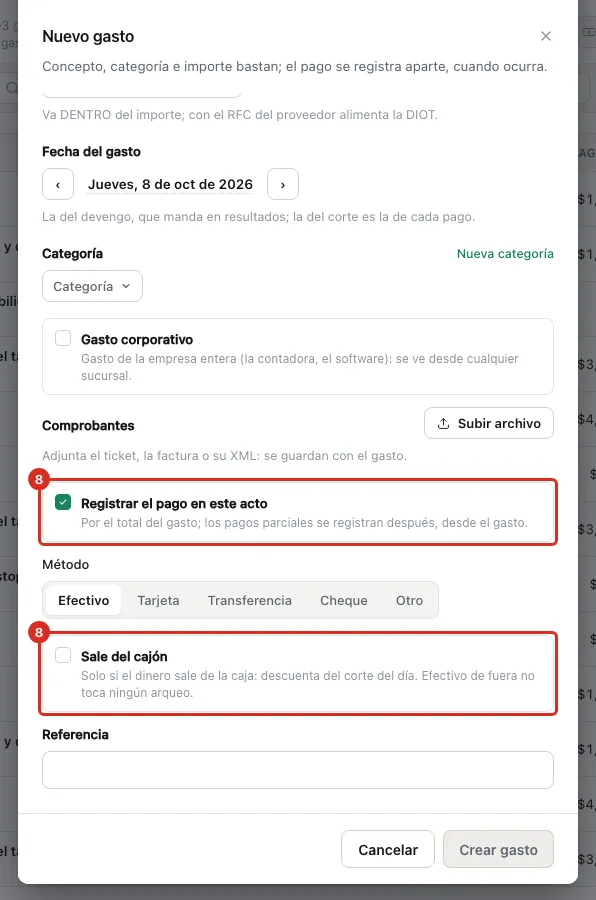 Pago registrado en el mismo acto, con la opción Sale del cajón