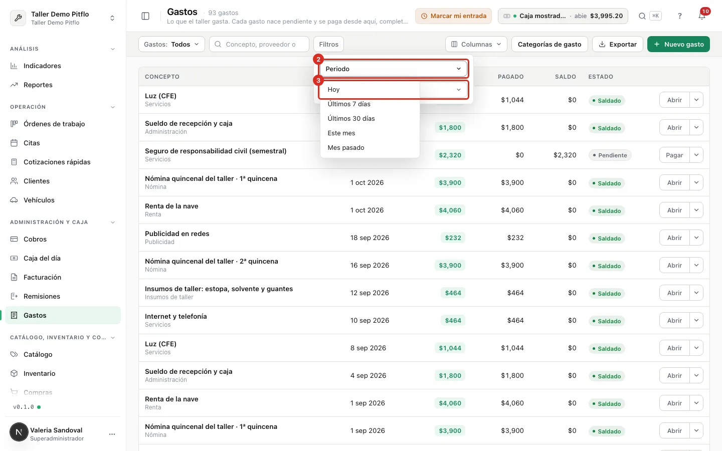 Los filtros Periodo y Categoría de la lista de gastos