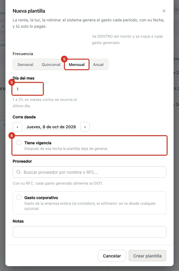 Frecuencia, día del mes y vigencia