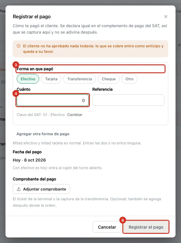 Diálogo del cobro con el importe en cero
