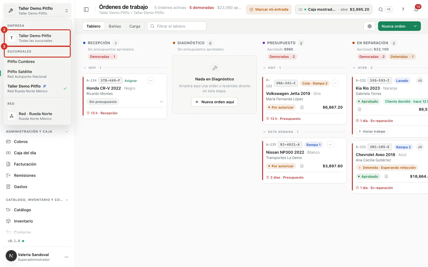 El selector abierto con la empresa y las sucursales