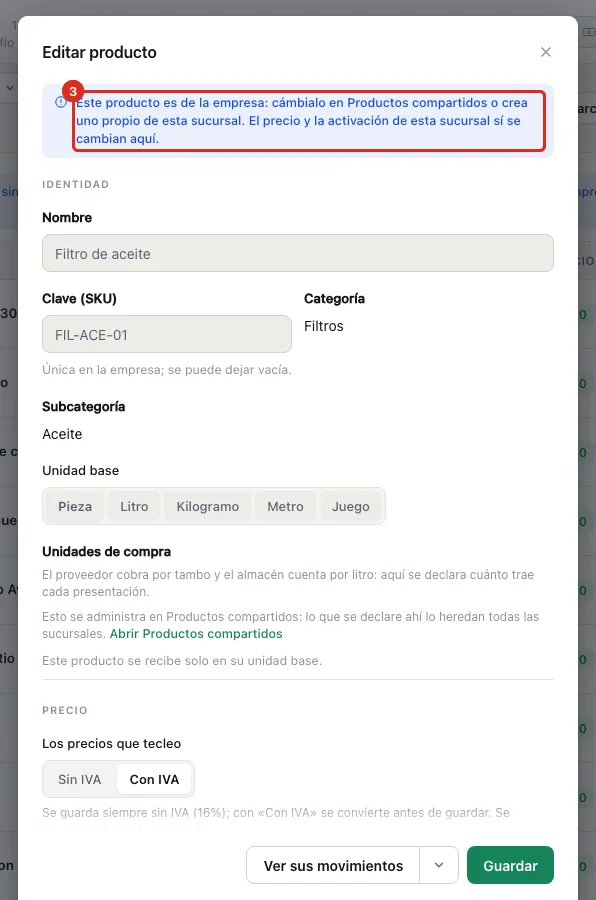 La ficha de un producto de la empresa