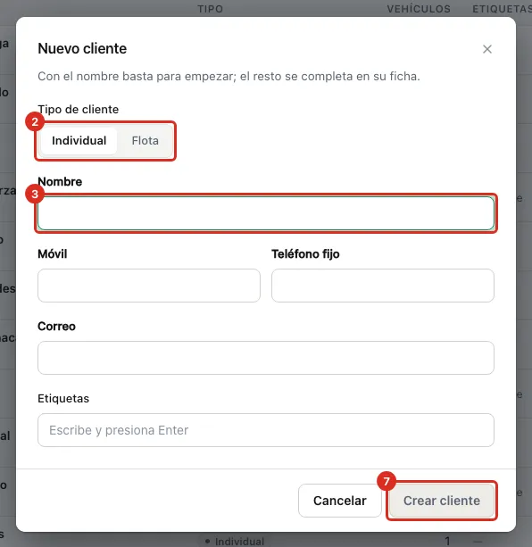 Formulario Nuevo cliente