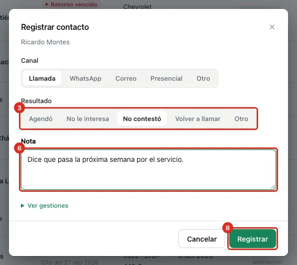 El formulario de registrar contacto