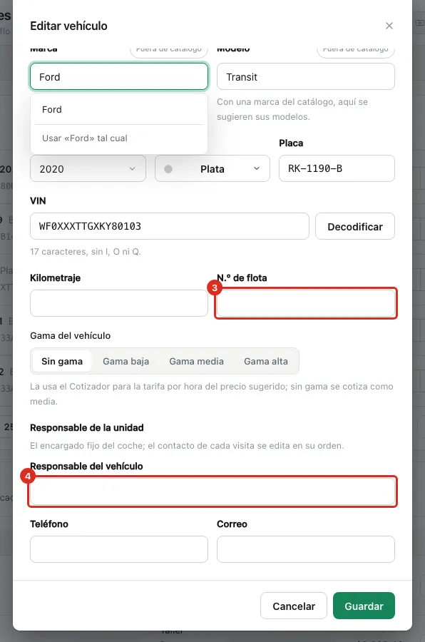 Número de flota y responsable en el formulario
