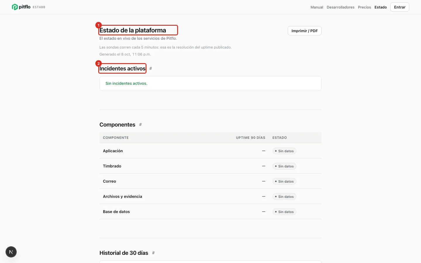 La página de estado con sus incidentes activos