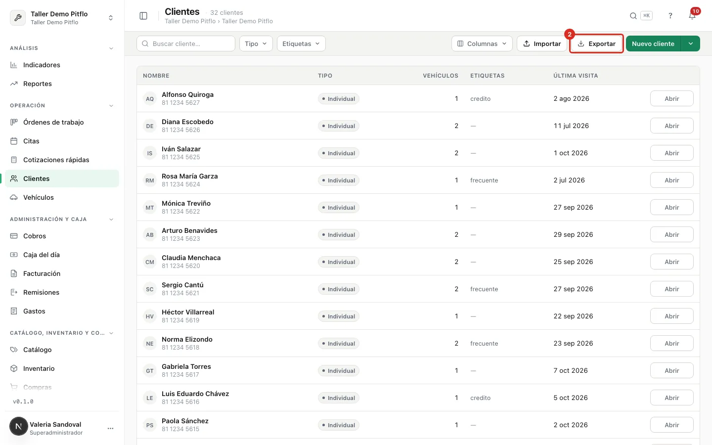 El botón Exportar en la lista de Clientes