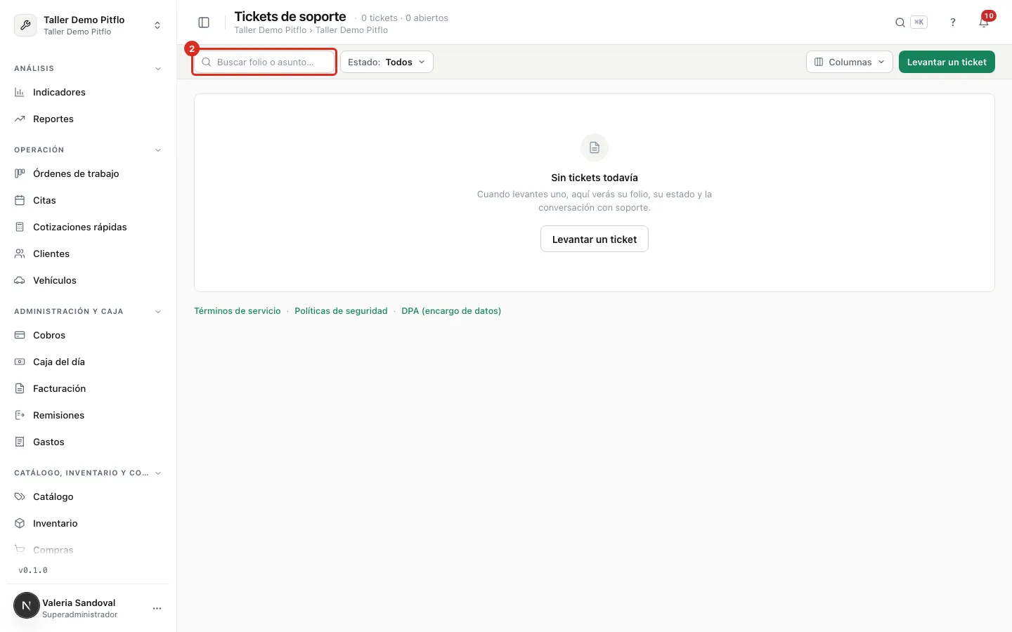 La lista de tickets con su buscador