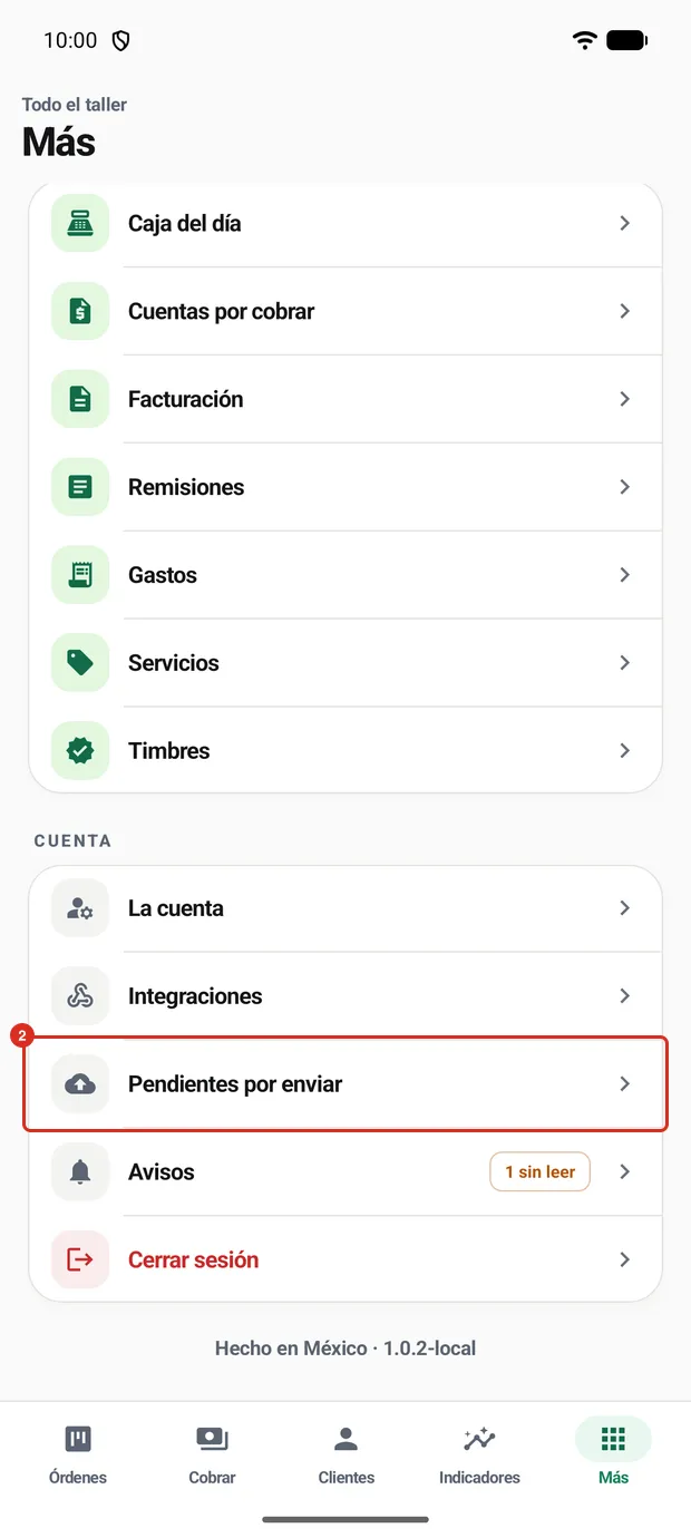 El renglón Pendientes por enviar en el menú Más
