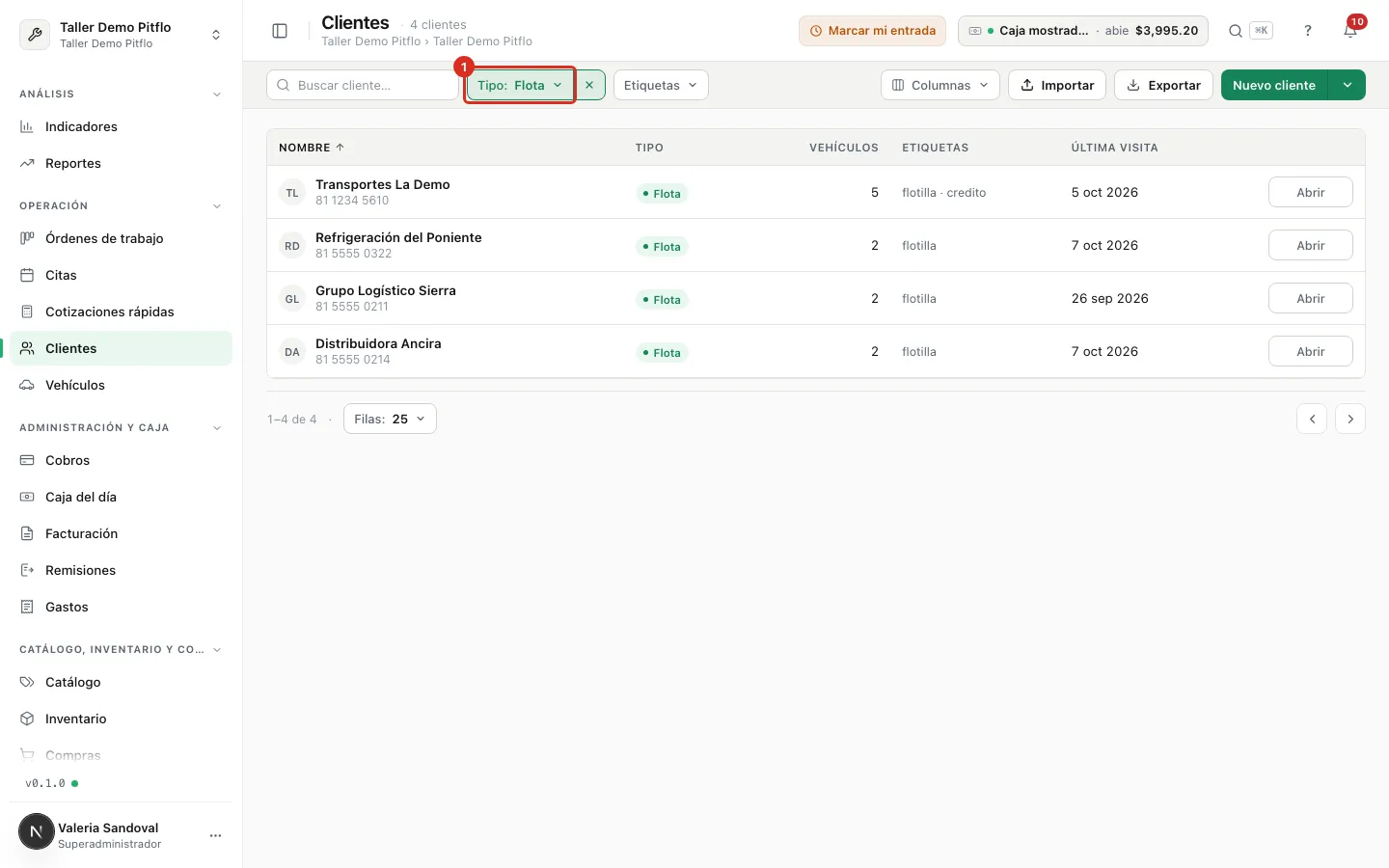 La lista de Clientes con el filtro Tipo puesto