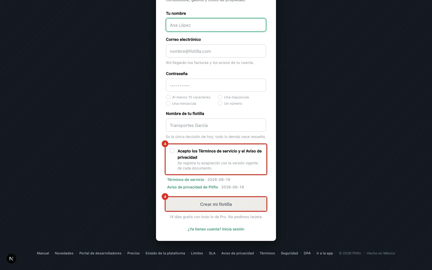 Aceptar los términos y crear la flotilla