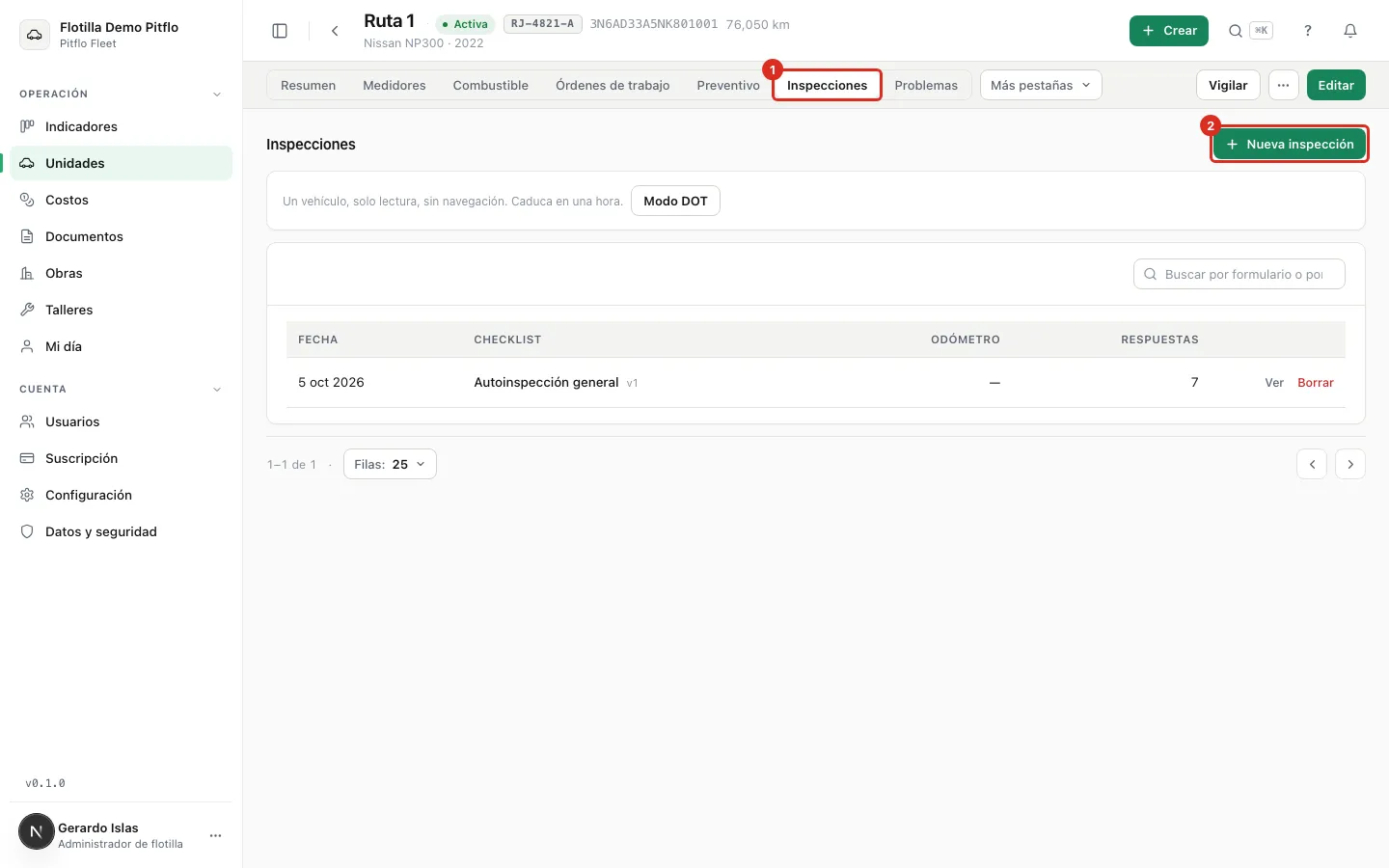 La pestaña Inspecciones del expediente