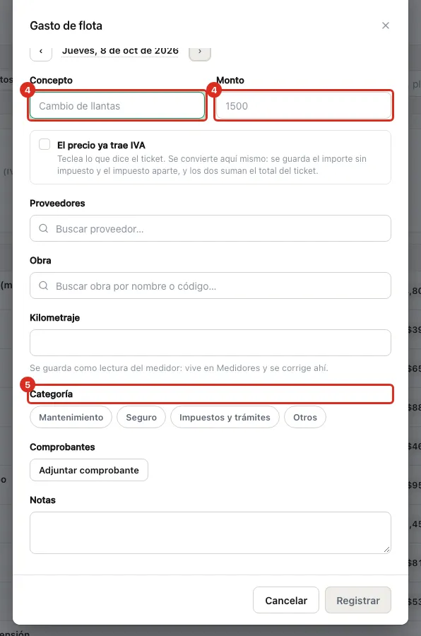 El formulario del gasto: concepto, monto y categoría