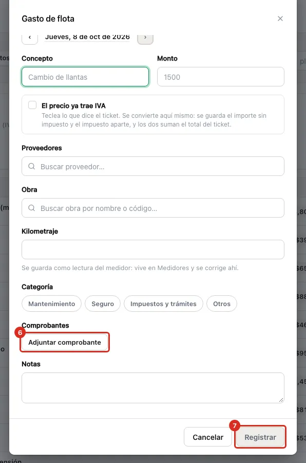 El comprobante y el botón Registrar