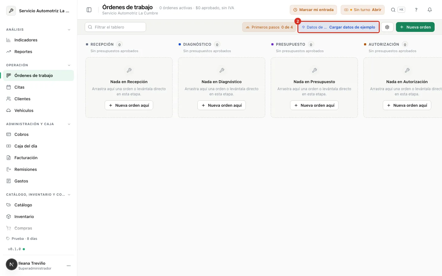 El aviso Datos de ejemplo sobre el tablero vacío