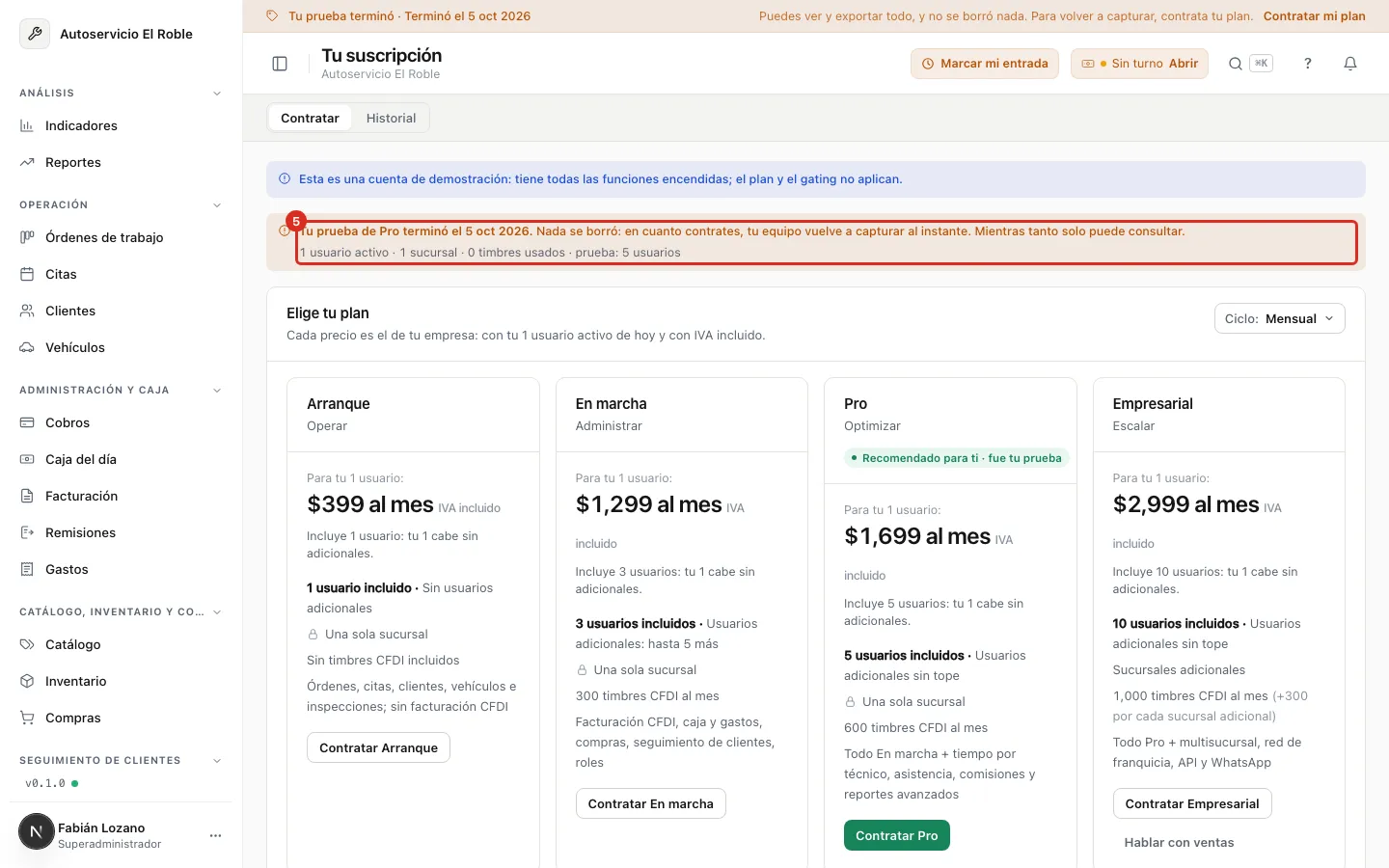 La línea de la prueba terminada y los planes en Tu suscripción