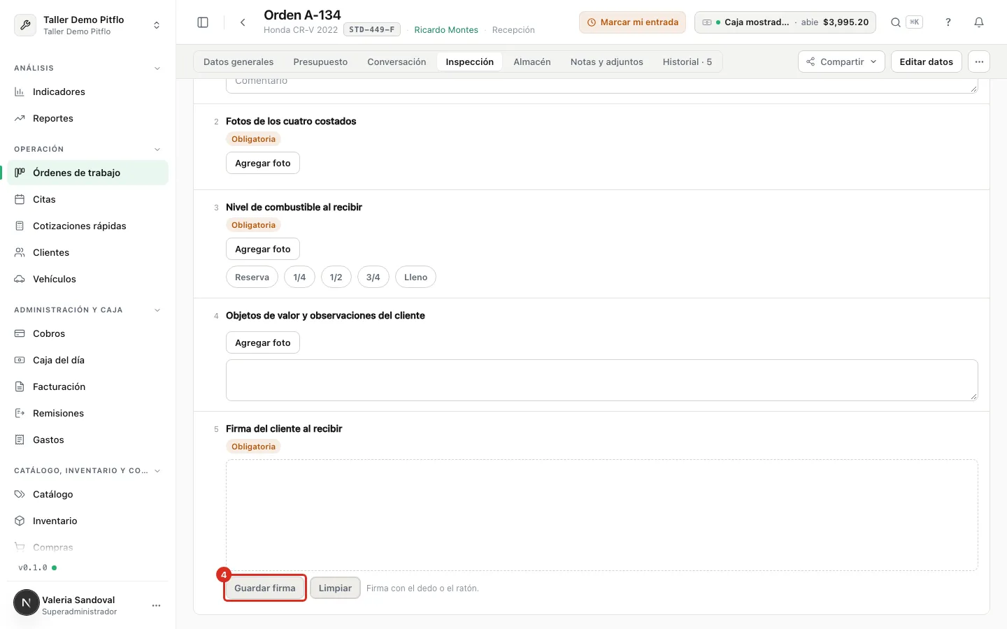 La firma del cliente en la pregunta de tipo Firma