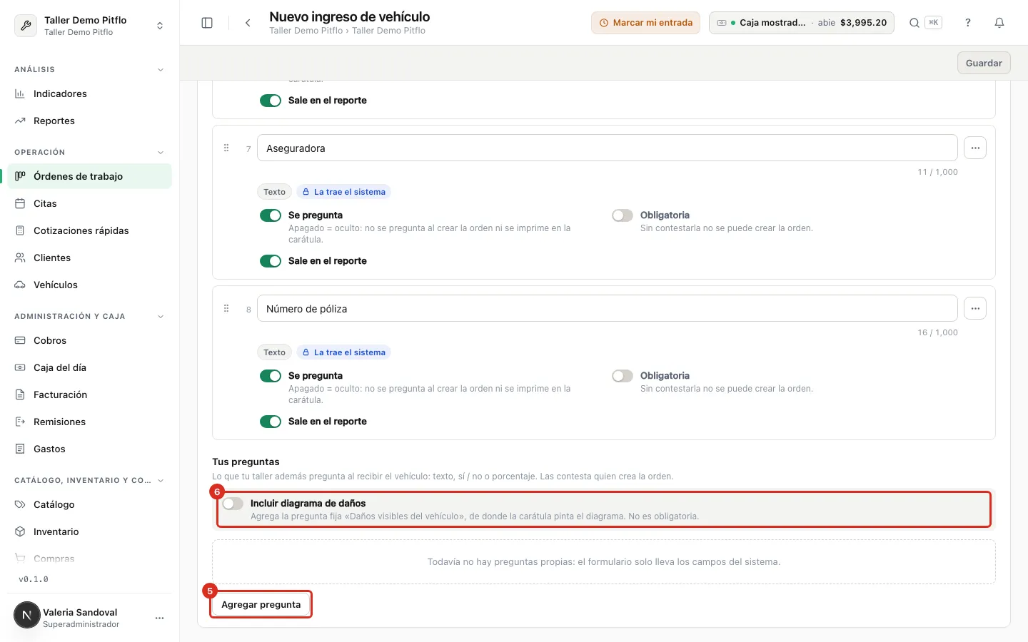 Agregar pregunta y el diagrama de daños