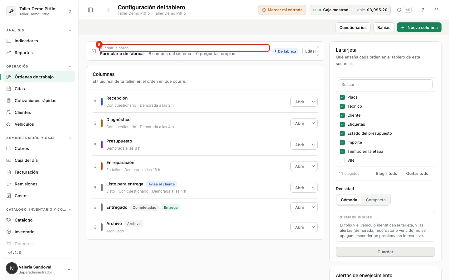 El renglón Ingreso de vehículo en la configuración del tablero