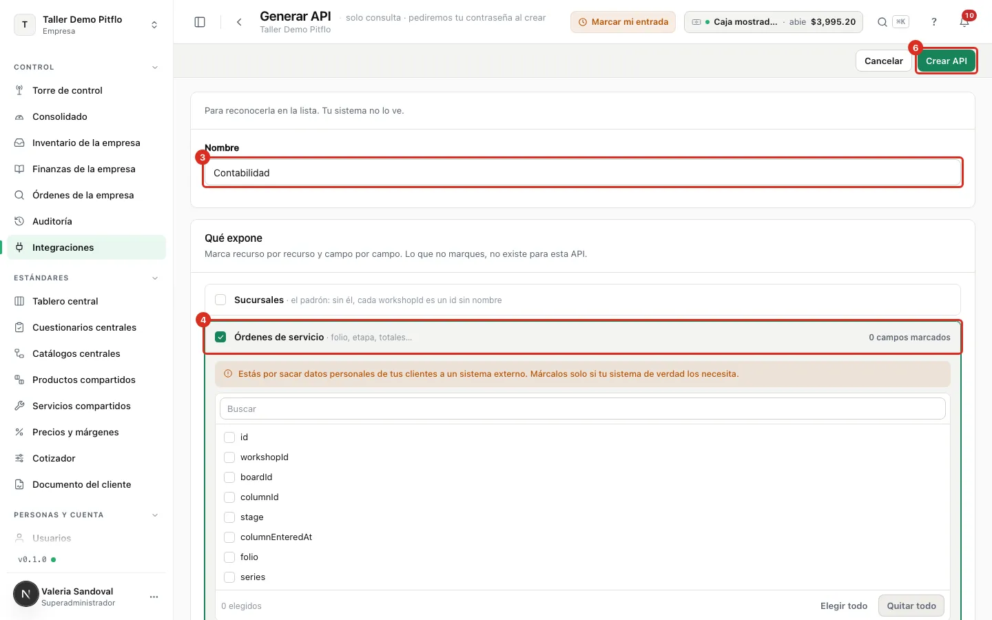 Formulario Generar API con el nombre, un recurso marcado y el botón Crear API