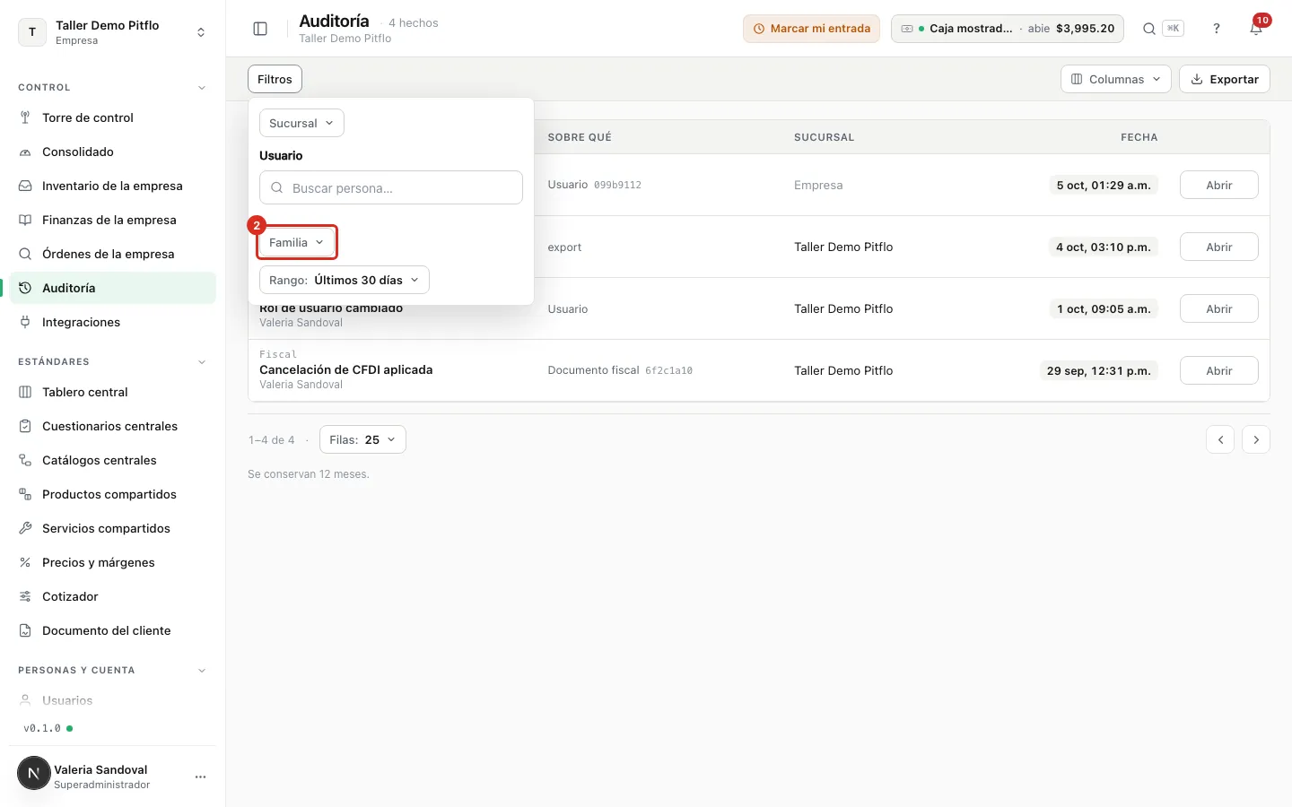 El filtro Familia con Webhooks