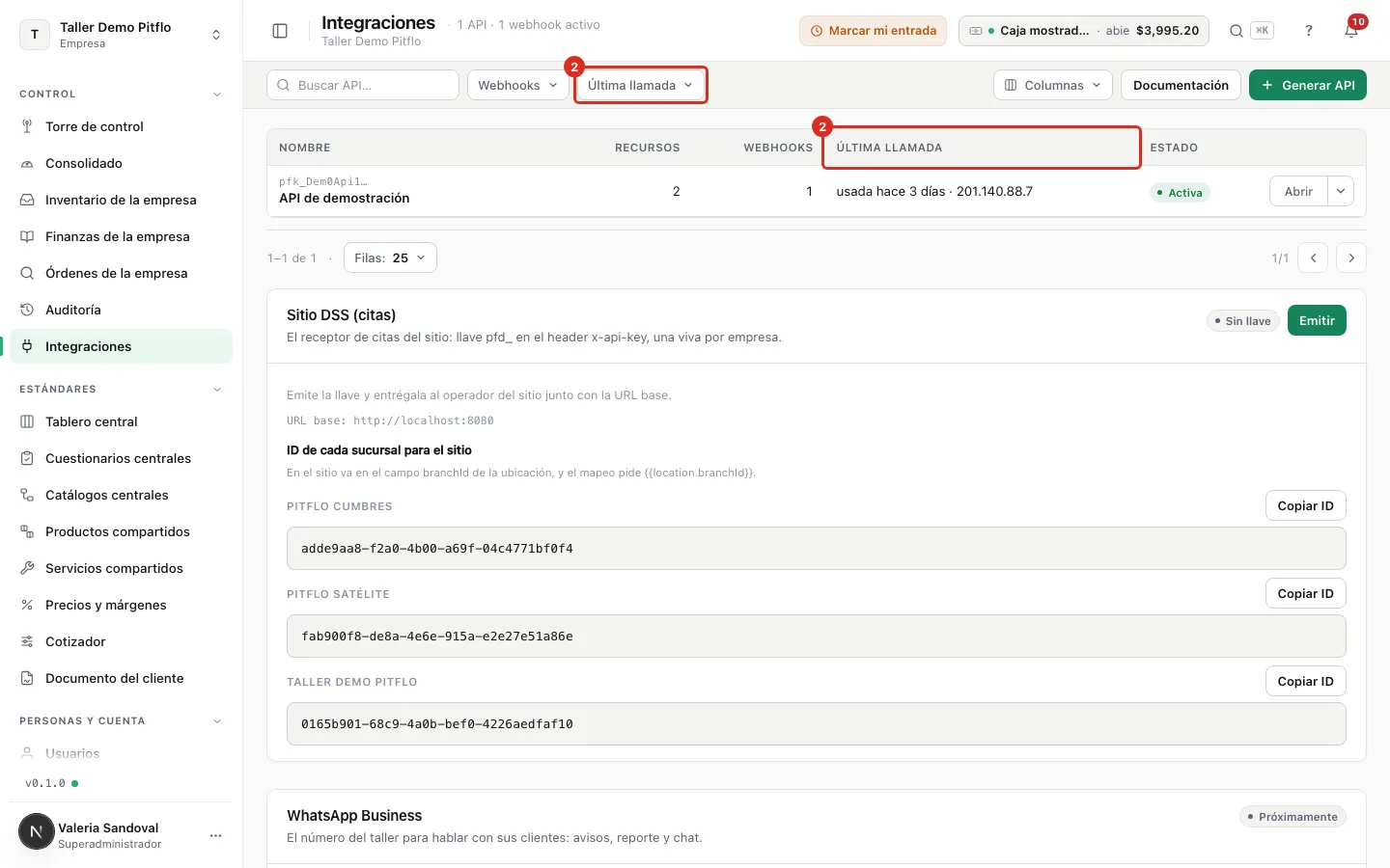 La lista de integraciones con la columna Última llamada y su filtro