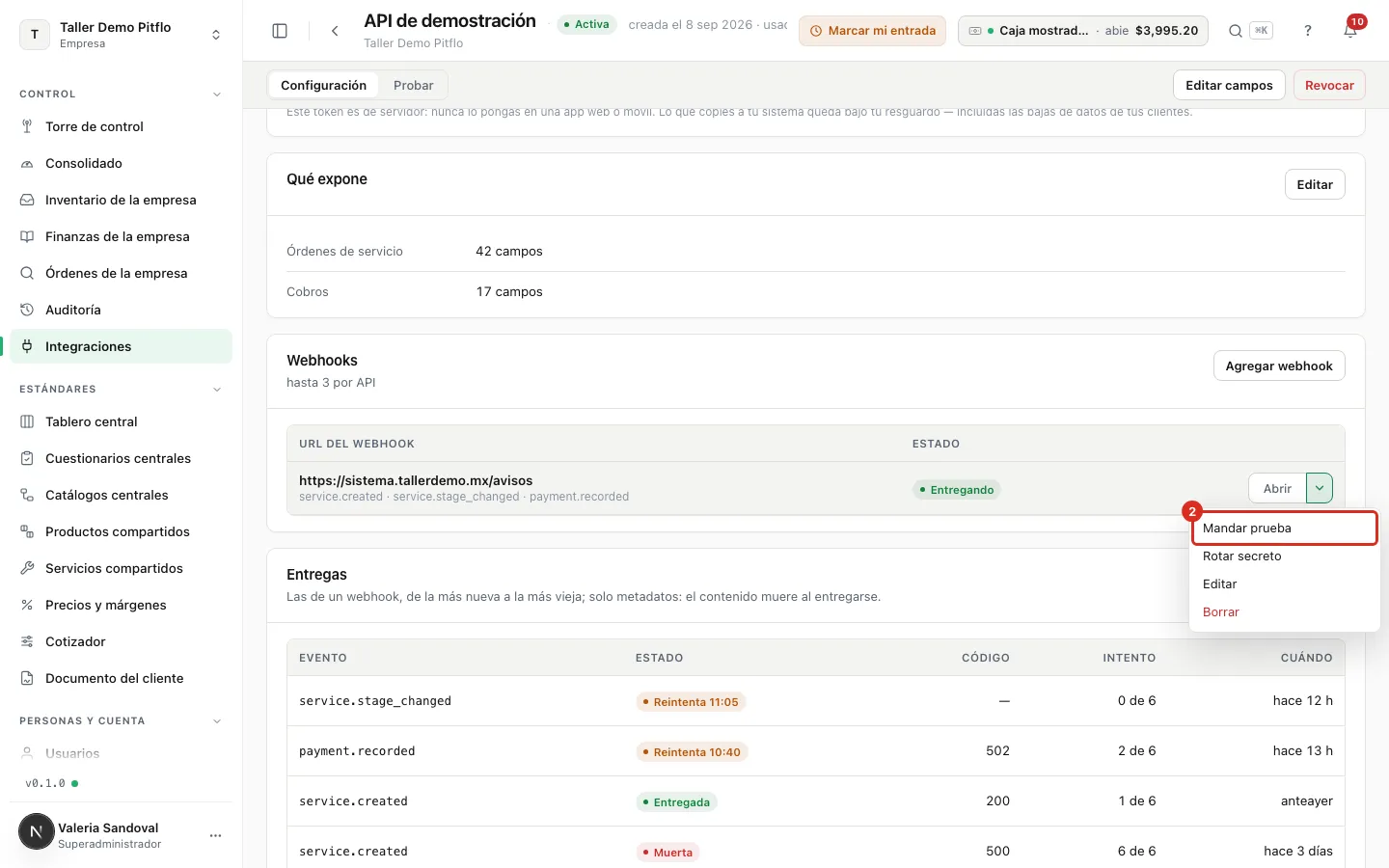 El menú del webhook con Mandar prueba