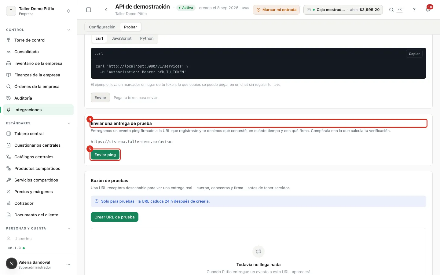 El bloque Enviar una entrega de prueba