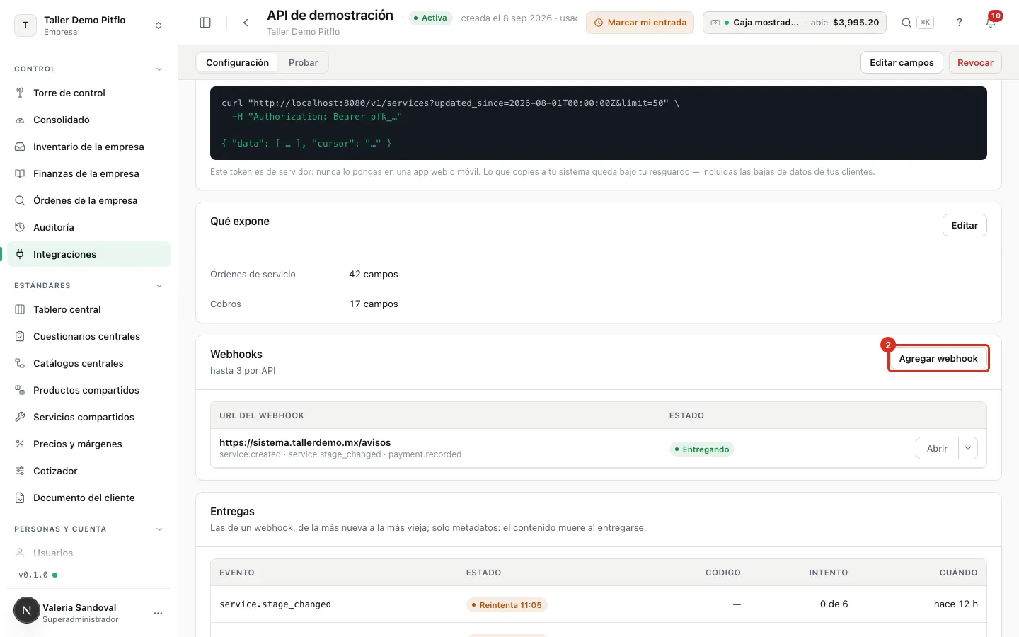 El botón Agregar webhook en la ficha de la API