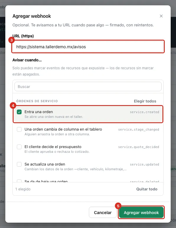 La ventana Agregar webhook con la URL y los eventos marcados