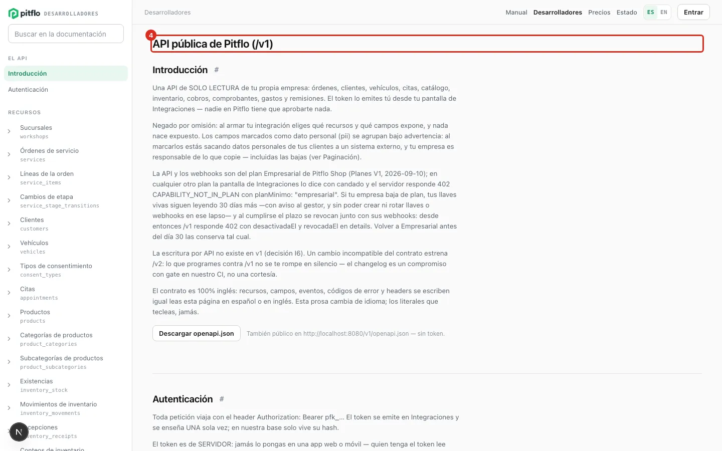 La documentación pública de la API de Pitflo